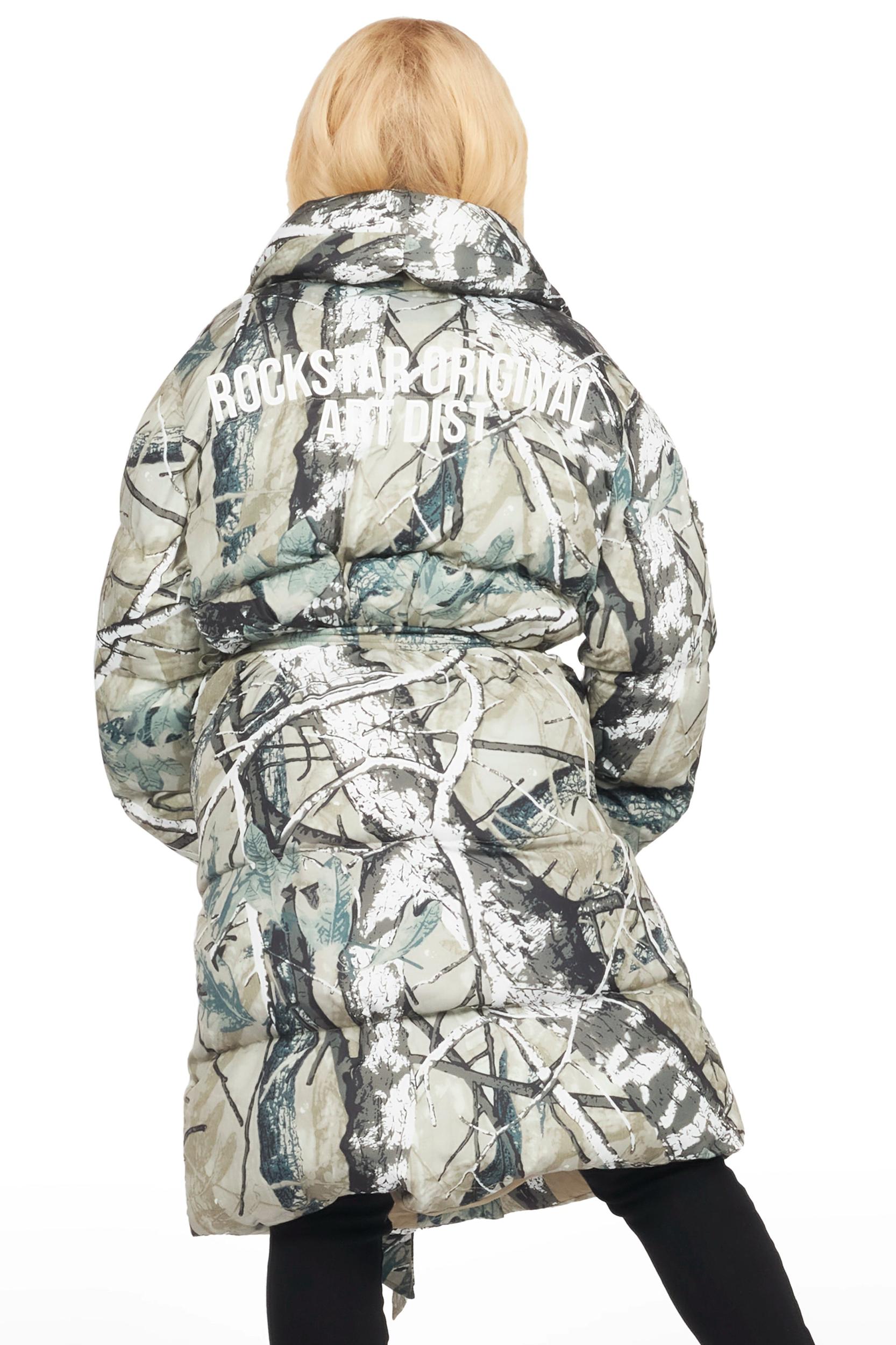 Sehrazat Tree Camo Long Wrap Puffer Jacket Female Product Image