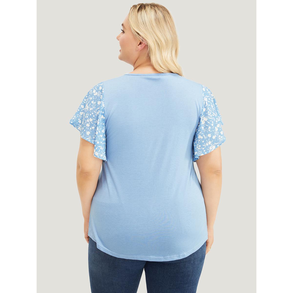 Plus Size Ditsy Floral Ruffle Sleeve Round Neck T-Shirt Stone Women Elegant Ditsy Floral Everyday T-shirts BloomChic 22-24/3X Product Image