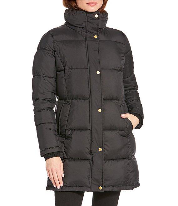 Donna Karan Rib Knit Stand Collar Hooded Snap Front Puffer Coat Product Image