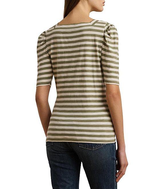 Lauren Ralph Lauren Knit Stripe Print Square Neck Short Puff Sleeve Tee Shirt Product Image