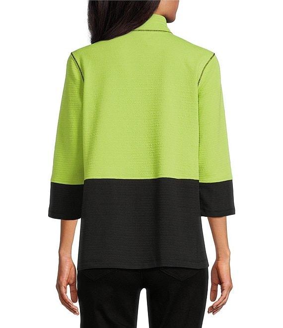 Multiples Petite Size Solid Stripe Jacquard Stand Collar 3/4 Sleeve Fitted Button Front Jacket Product Image