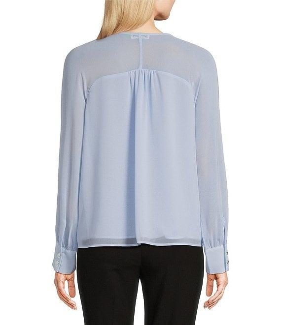Calvin Klein Chiffon Keyhole Crew Neck Sheer Long Sleeve Blouse Product Image