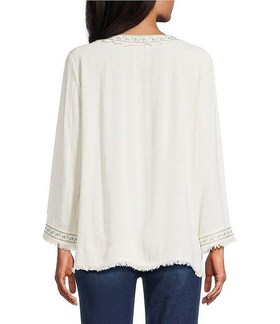 Multiples Embroidered Textured V-Neck 3/4 Sleeve Fringe Edge Top Product Image
