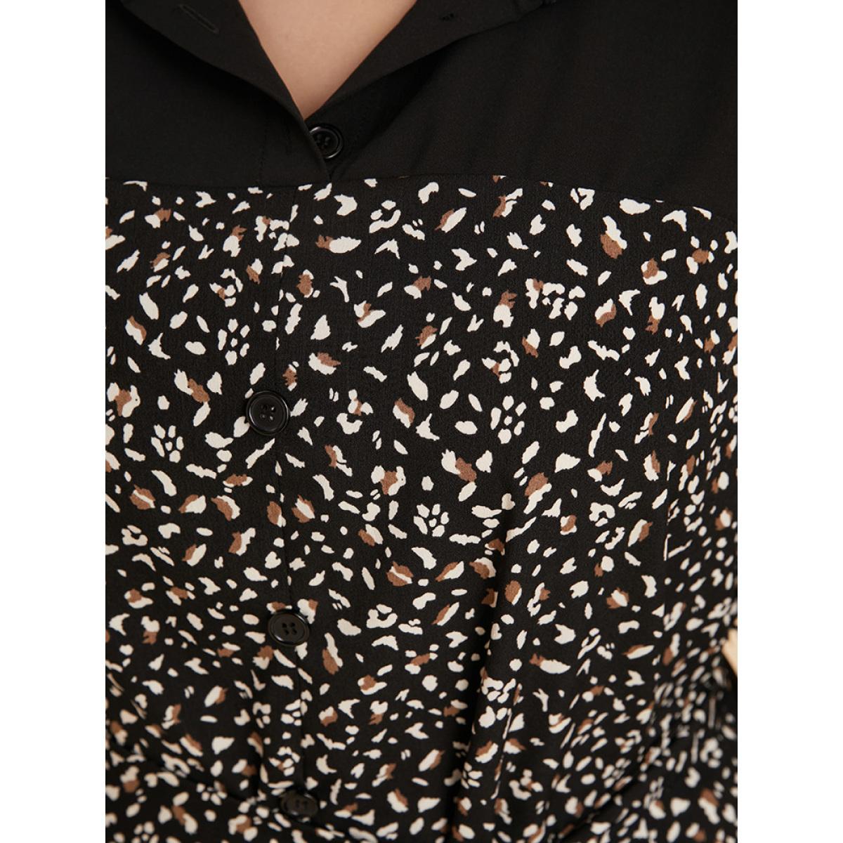 Plus Size Leopard Patchwork Pocket Button Up Belted Split Dress Black Women Office Patchwork Shirt collar Long Sleeve Curvy Midi Dress BloomChic 28/5X Product Image