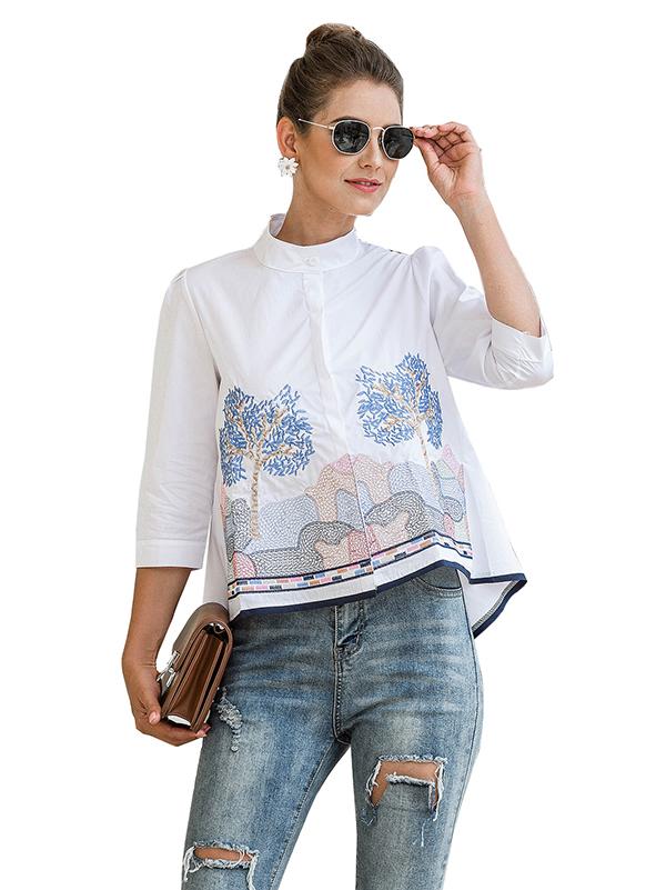 Casual Three-Quarter Sleeves Loose Embroidered Stand Collar Blouses&Shirts Tops Product Image