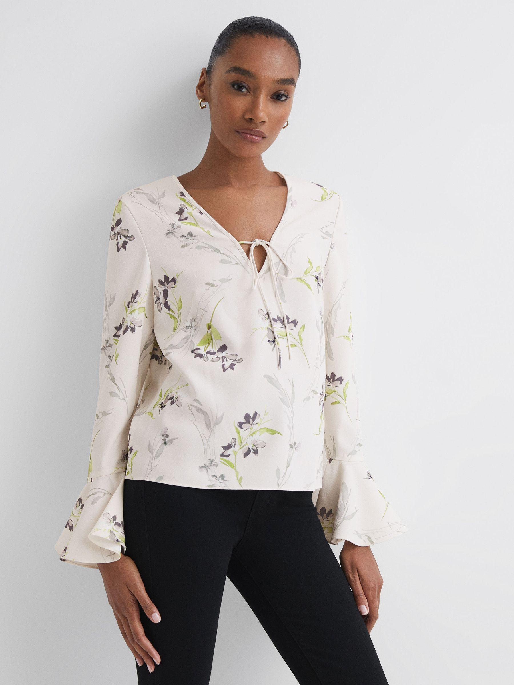 Florere Floral V-Neck Top in Cream Product Image