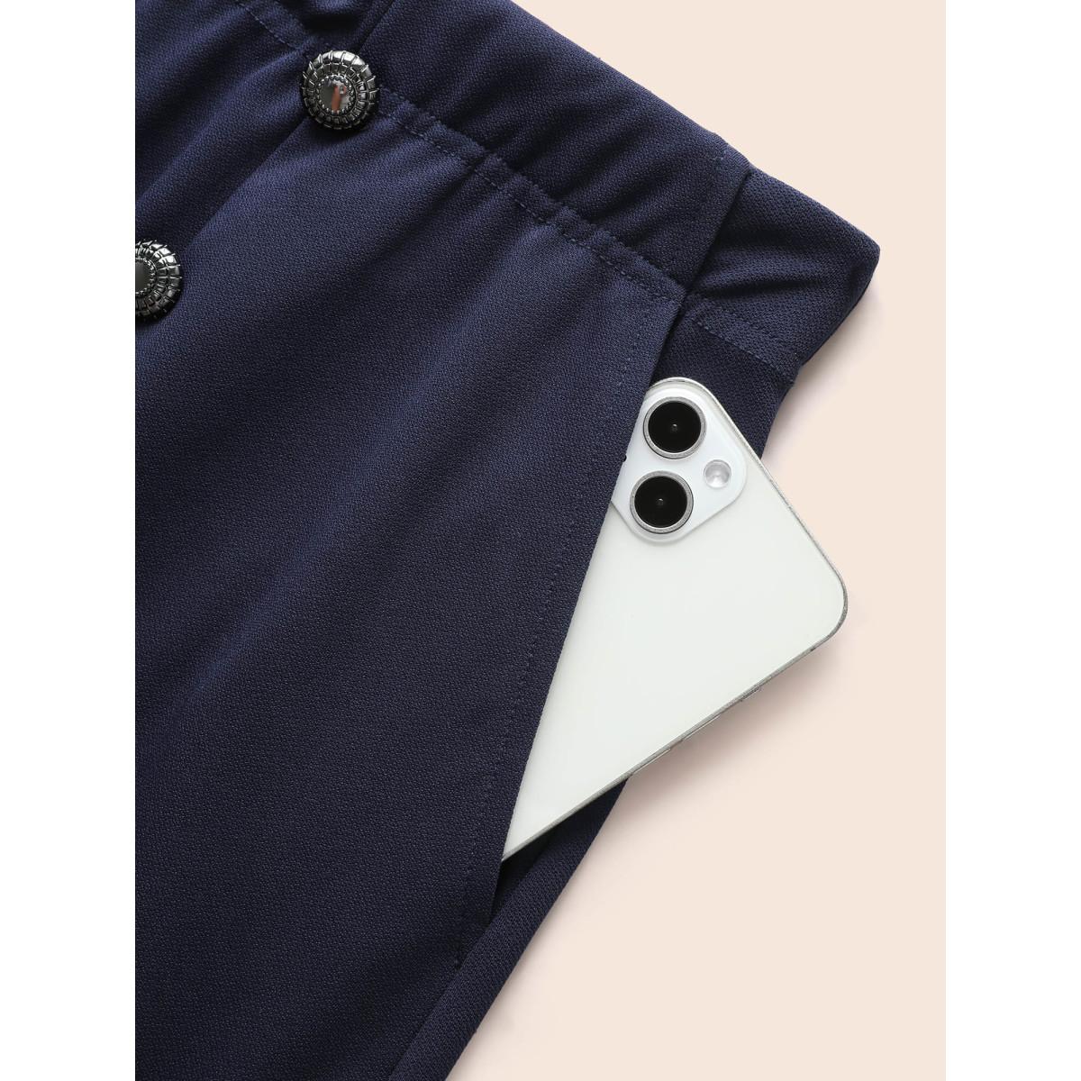 Plus Size Button Detail Split Hem Medium Stretch Skirt Women Indigo At the Office Button Medium stretch Side seam pocket Office Skirts BloomChic 10/M Product Image