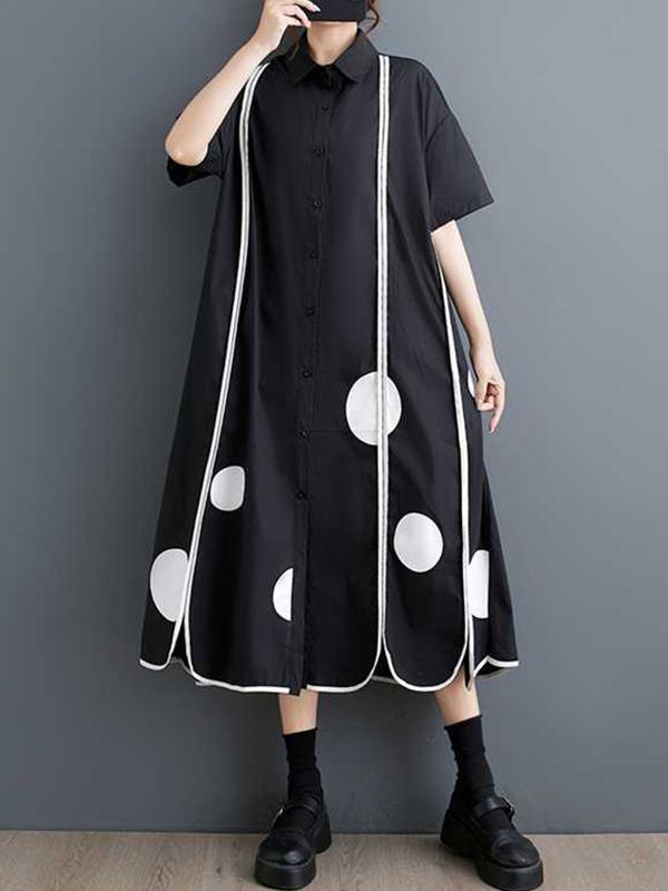 A-Line Half Sleeves Buttoned Pockets Polka-Dot Split-Front Split-Joint Lapel Midi Dresses Shirt Dress Product Image