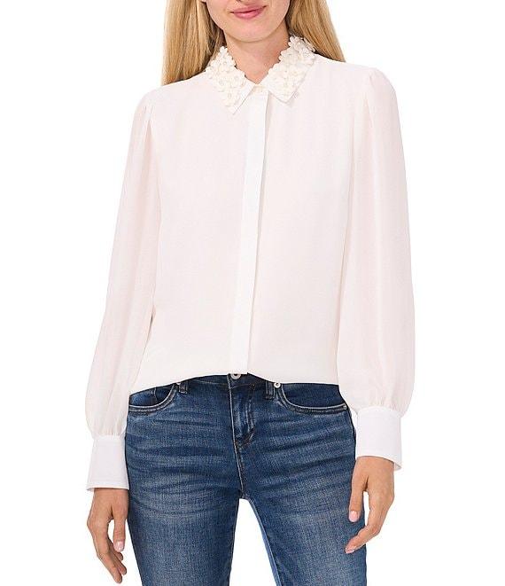 CeCe Georgette Floral 3D Applique Pointed Collar Long Sleeve Hidden Button Front Blouse Product Image