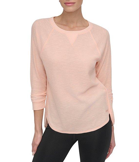 DKNY Sport by Donna Karan Mini Slub Waffle Knit Crew Neck 3/4 Ruched Sleeve Tee Product Image