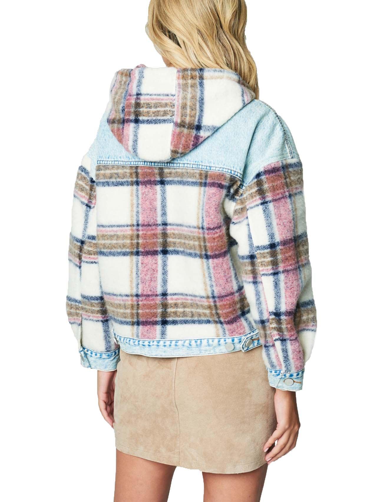 Hooded Denim & Plaid Patchwork Jacket Product Image