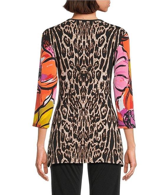 Eva Varro Knit Animal Tropical Print V-Neck 3/4 Sleeve Fold Over Tunic Product Image
