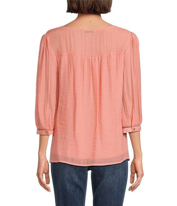 Figueroa & Flower Scoop Neck 3/4 Sleeve Lace Yoke Blouse Product Image