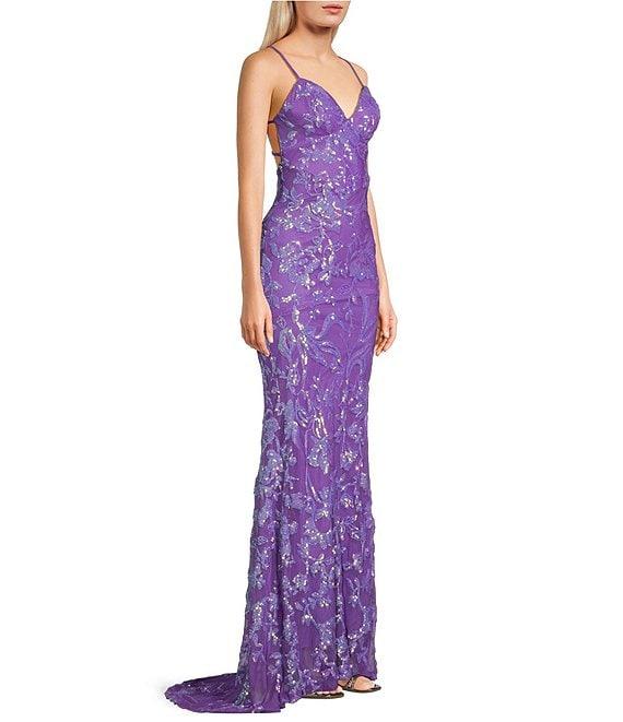 B. Darlin Floral Sequin Pattern V-Neck Spaghetti Strap Lace Up Back Dress Product Image