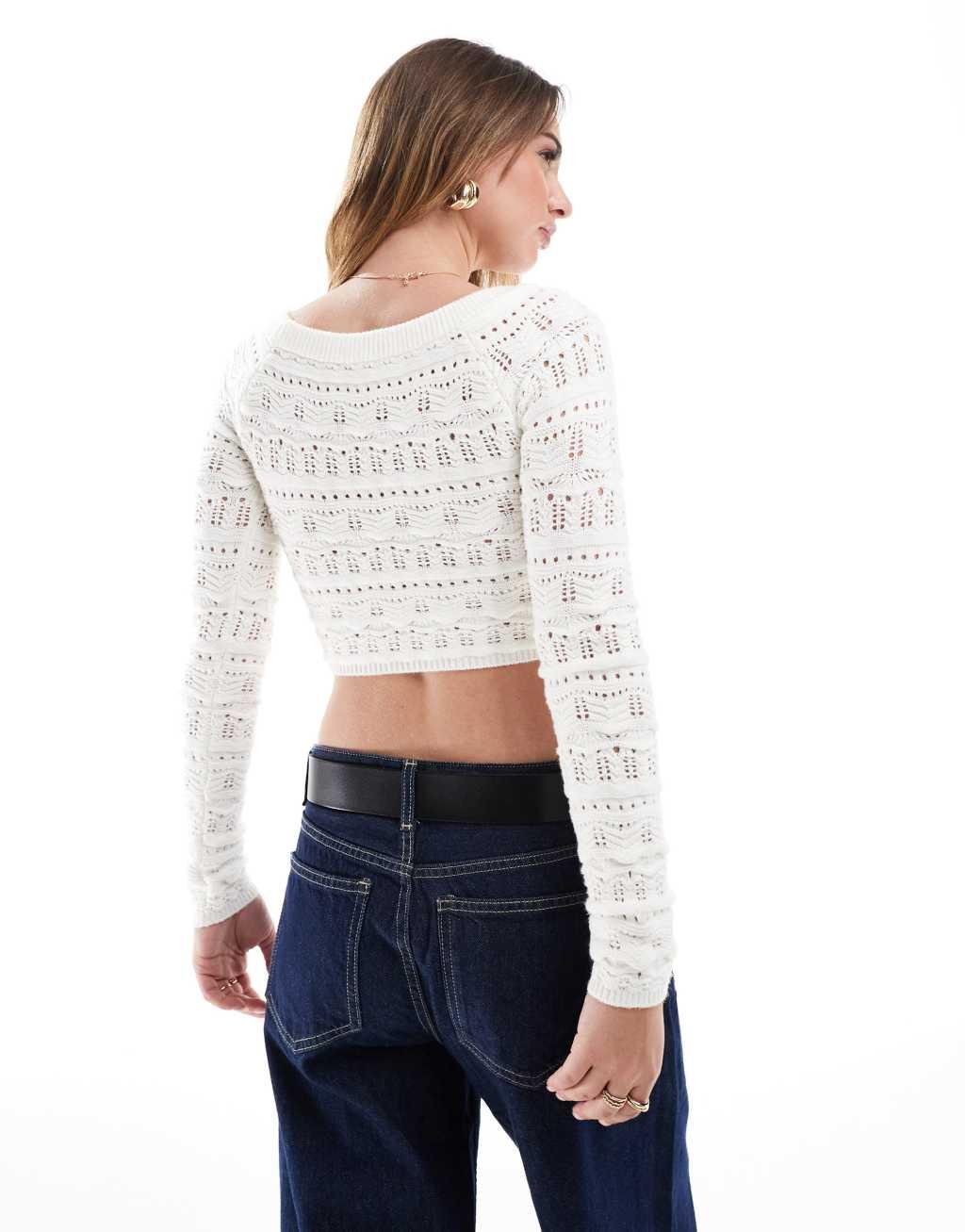 Bershka slouchy cable knit off the shoulder top in ecru Product Image