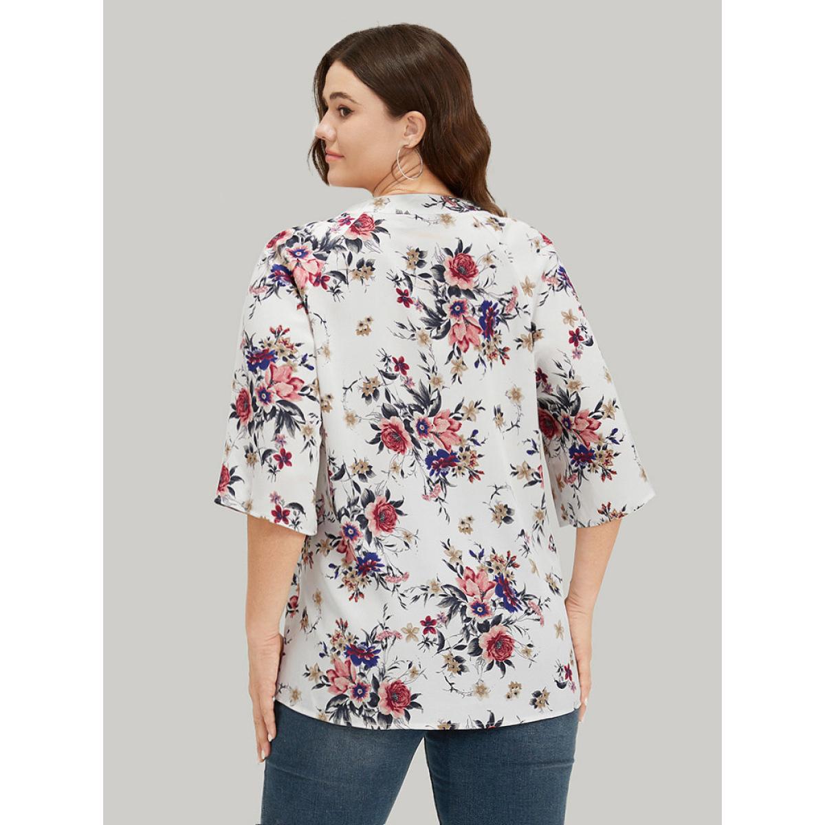 Plus Size Multicolor Floral Print Knot Neck Half Sleeve Blouse Women Elegant Half Sleeve Tie Neck Dailywear Blouses BloomChic 18-20/2X Product Image