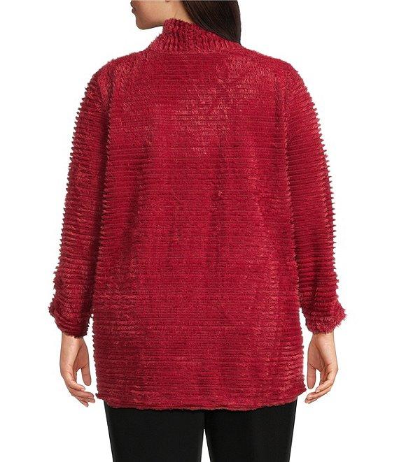 Multiples Plus Size Soft Textured Striped Plush Rib Knit Wrap Collar 3/4 Bungee Sleeve Top Product Image