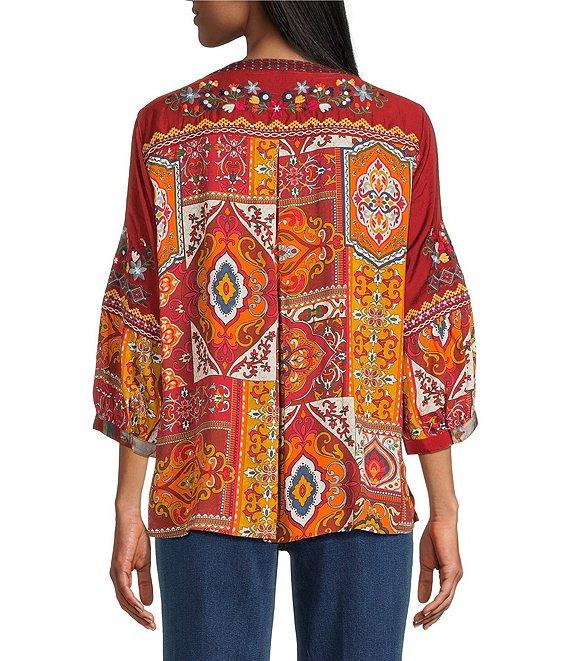 John Mark Embroidered Multi Patch Split V-Neck 3/4 Sleeve Hi-Low Hem Tunic Product Image