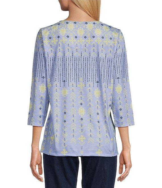Allison Daley Embellished Folk Stitch Print 3/4 Sleeve Crew Neck Knit Top Product Image
