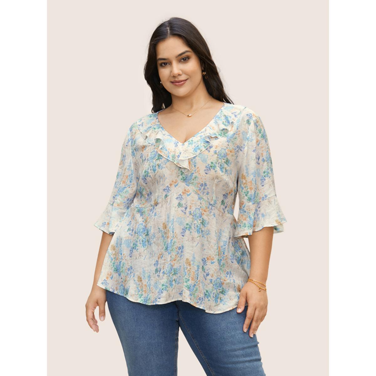 Plus Size LightBlue Floral Bell Sleeve Ruffle Trim Blouse Women Elegant Elbow-length sleeve V-neck Everyday Blouses BloomChic 28/5X Product Image