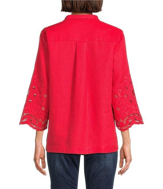 John Mark Wire Collar 3/4 Sleeves Embroidered Eyelet Shirt Product Image