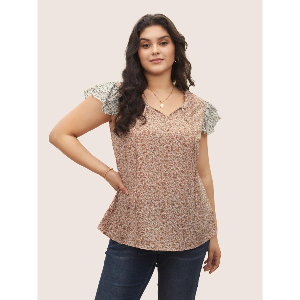 Plus Size Rouge Ditsy Floral Ties Patchwork Ruffle Cap Sleeve Blouse Women Elegant Cap Sleeve Ribbon-tied collar Everyday Blouses BloomChic 26/4X Product Image