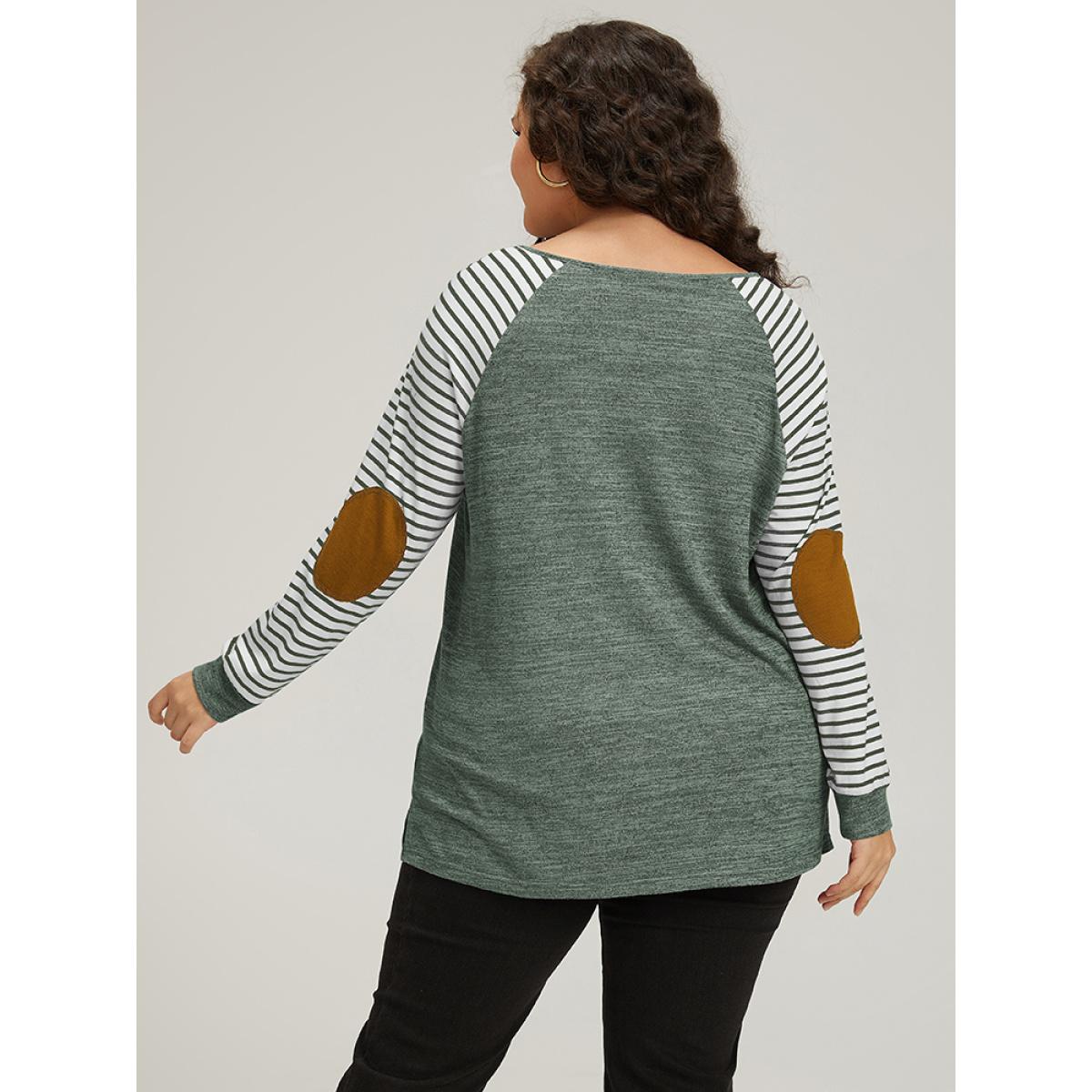 Plus Size Striped Raglan Sleeve Patched Split Side T-shirt Green Women Casual Contrast Striped Round Neck Dailywear T-shirts BloomChic 18-20/2X Product Image