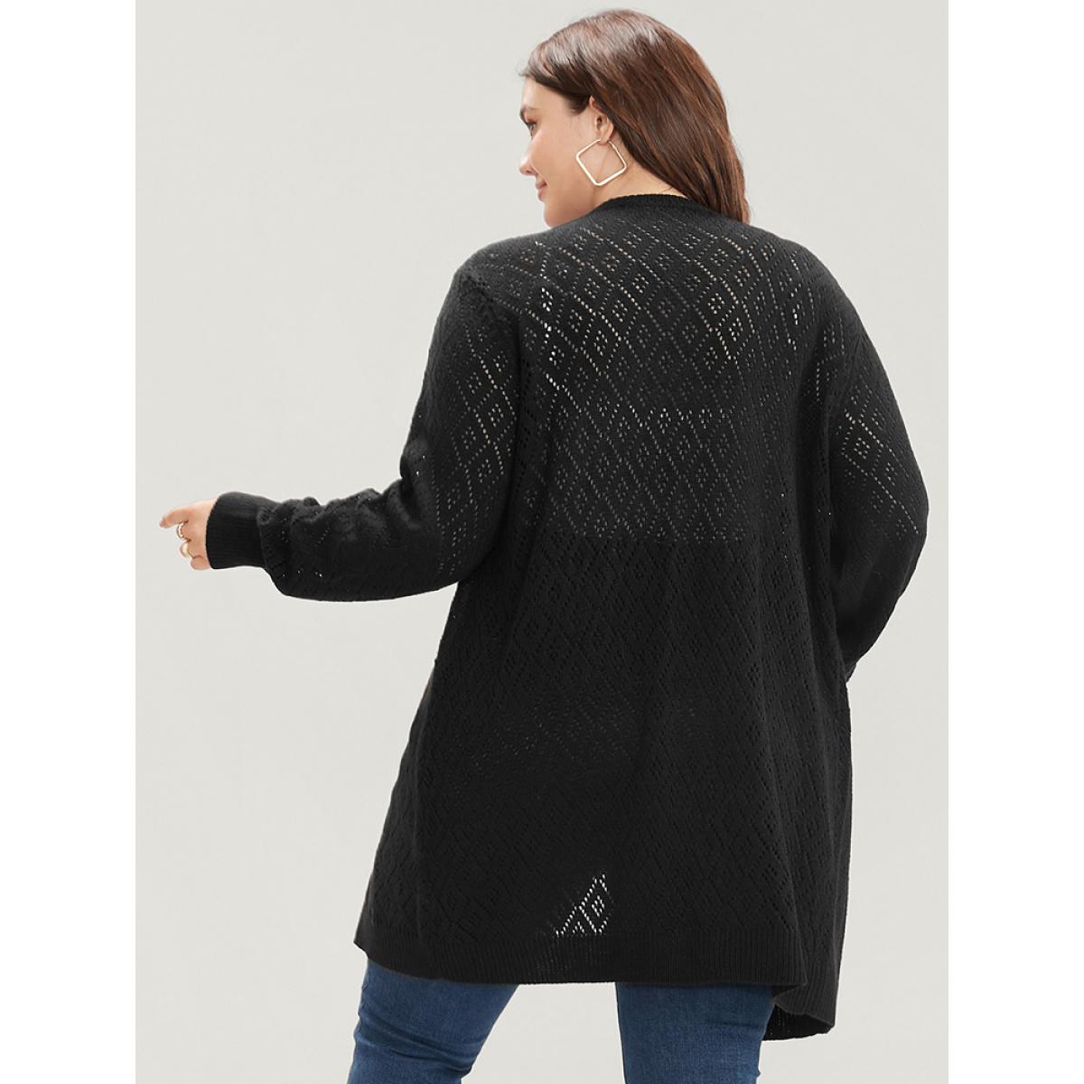 Plus Size Plain Pointelle Knit Argyle Eyelet Asymmetrical Open Front Cardigan Black Women Casual Loose Long Sleeve Dailywear Cardigans BloomChic 10/M Product Image