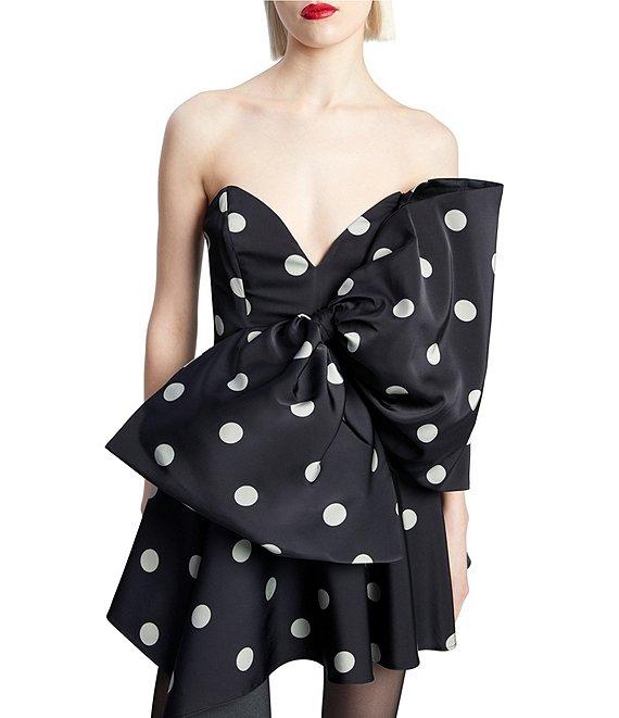 Bardot Brydie Dotted Print Strapless Sweetheart Neck Striking Bow Asymmetrical Hem Fit & Flare Mini Dress Product Image