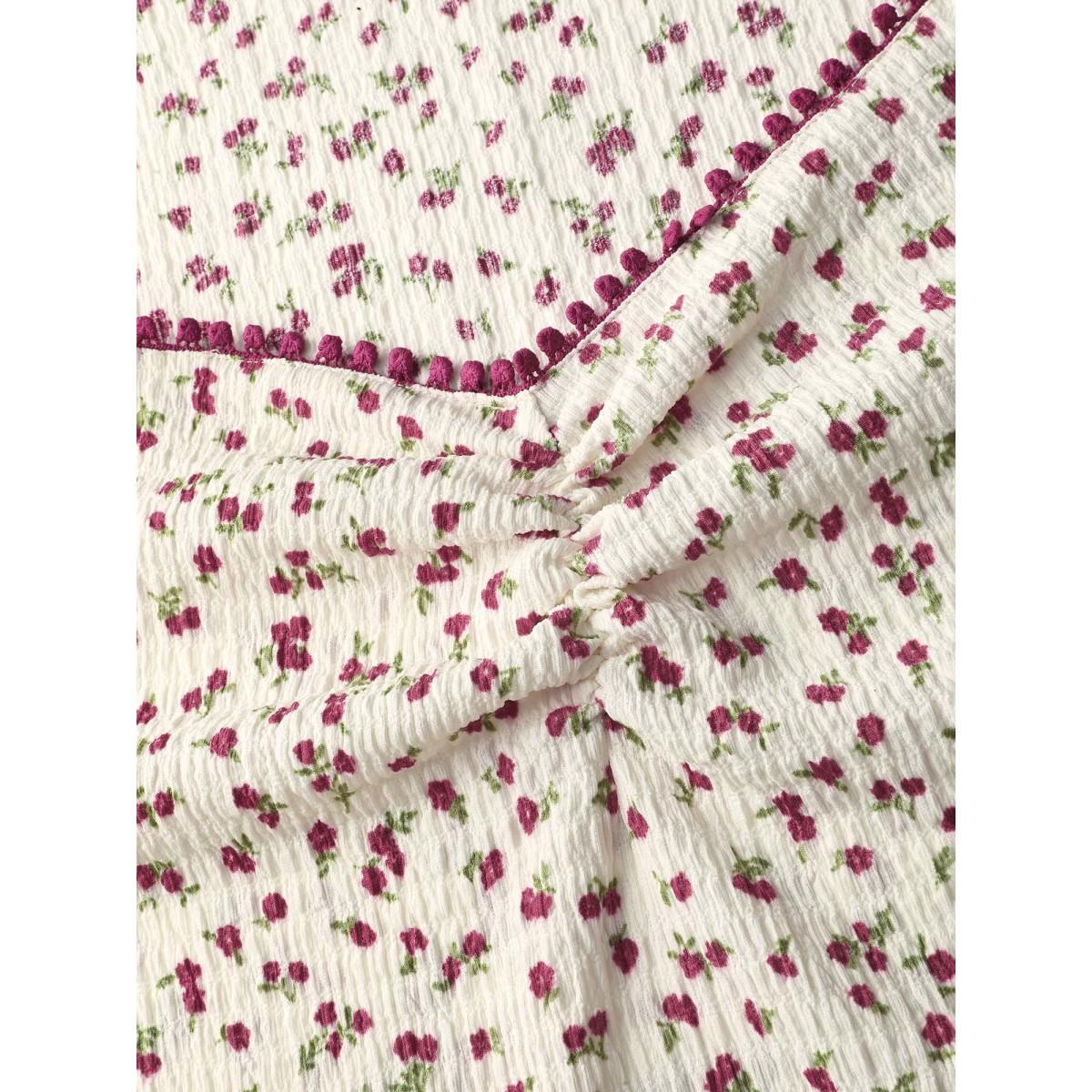 Plus Size Cherry Print Pleated Stretchy T-Shirt Ivory Women Timeless Woven ribbon&lace trim Square Neck Elegant T-shirts BloomChic 18-20/2X Product Image