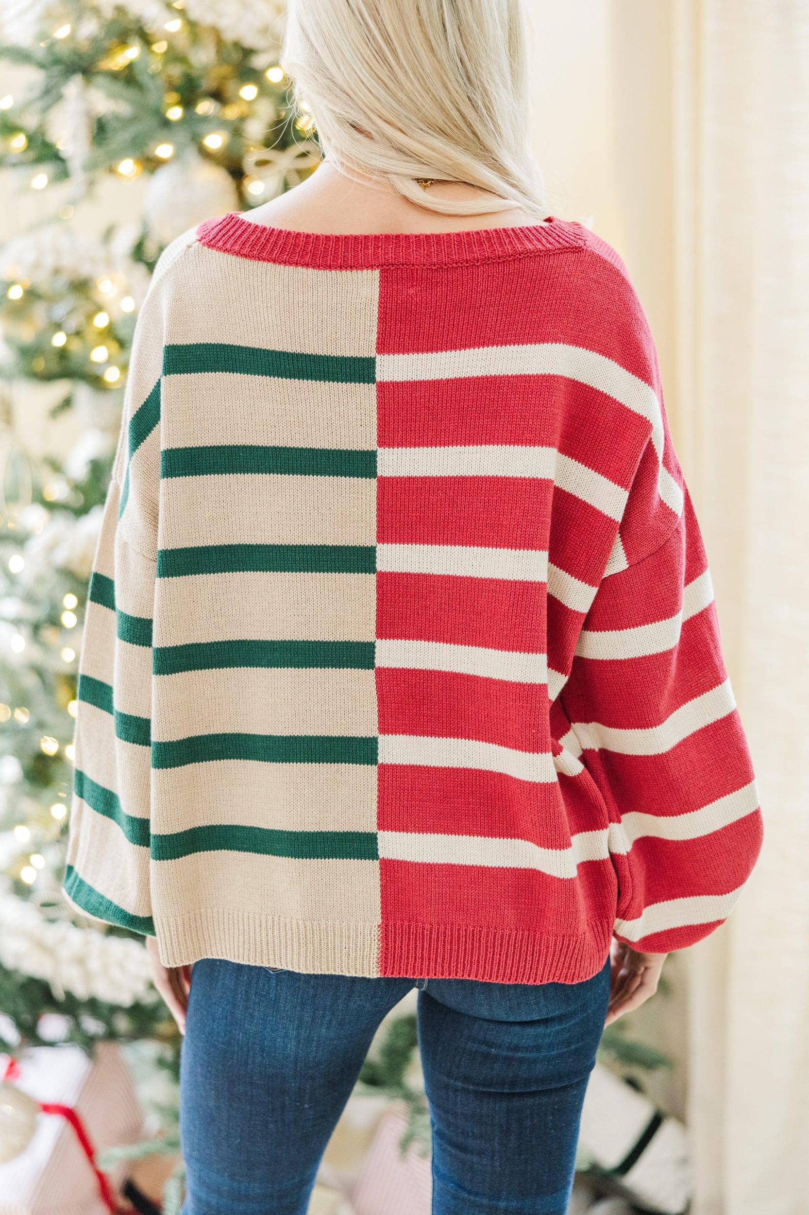 Ready For Anything Red/Green Striped Colorblock Sweater Female Product Image
