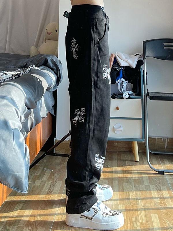 Men's Cross Rhinestone Loose Fit Jeans Product Image