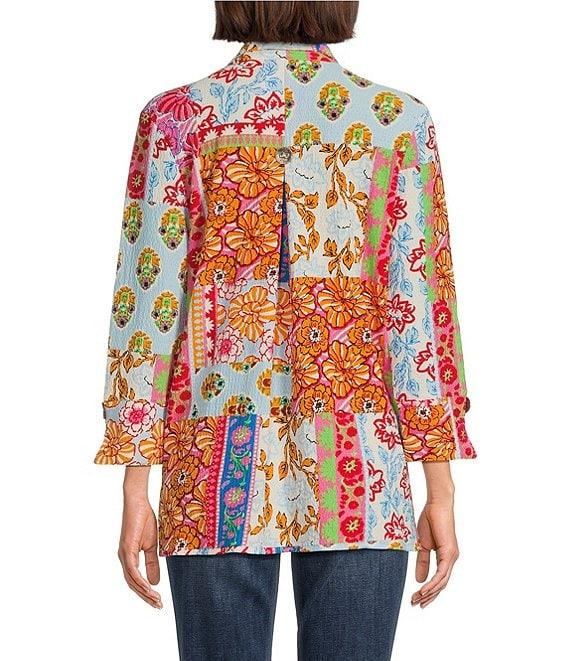 Calessa Petite Size Printed Ruffled Stand Collar Long Sleeve Button Front Tunic Product Image