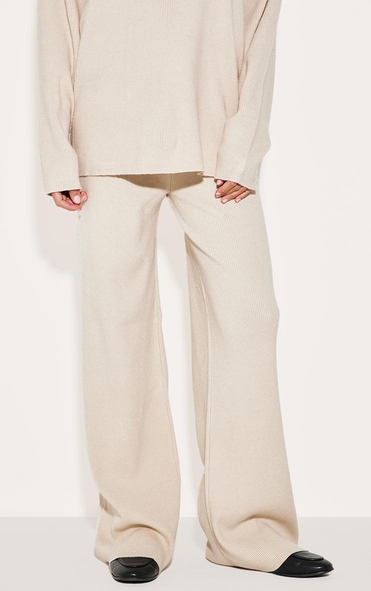 Oatmeal Light Rib Knit Wide Leg Pants Product Image