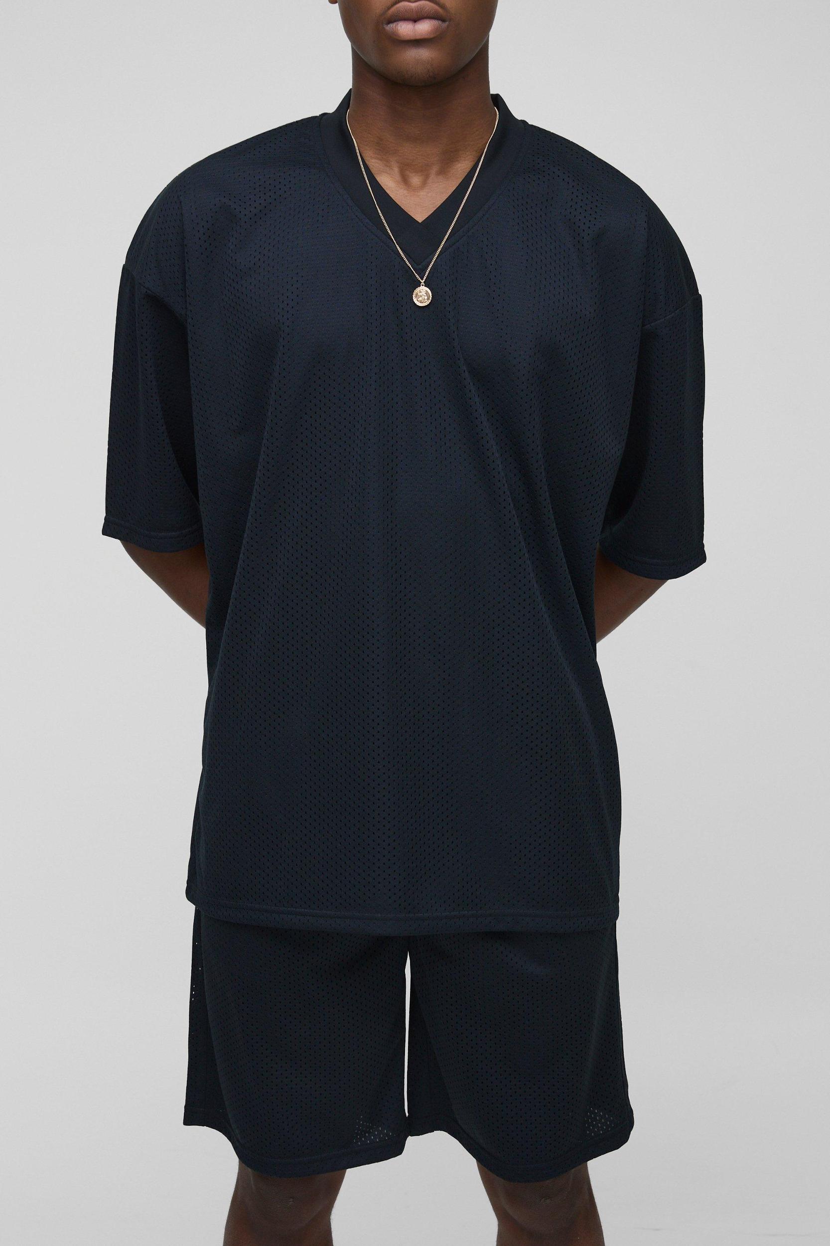 Oversized Mesh V Neck Sports Top & Short Set | boohooMAN USA Product Image