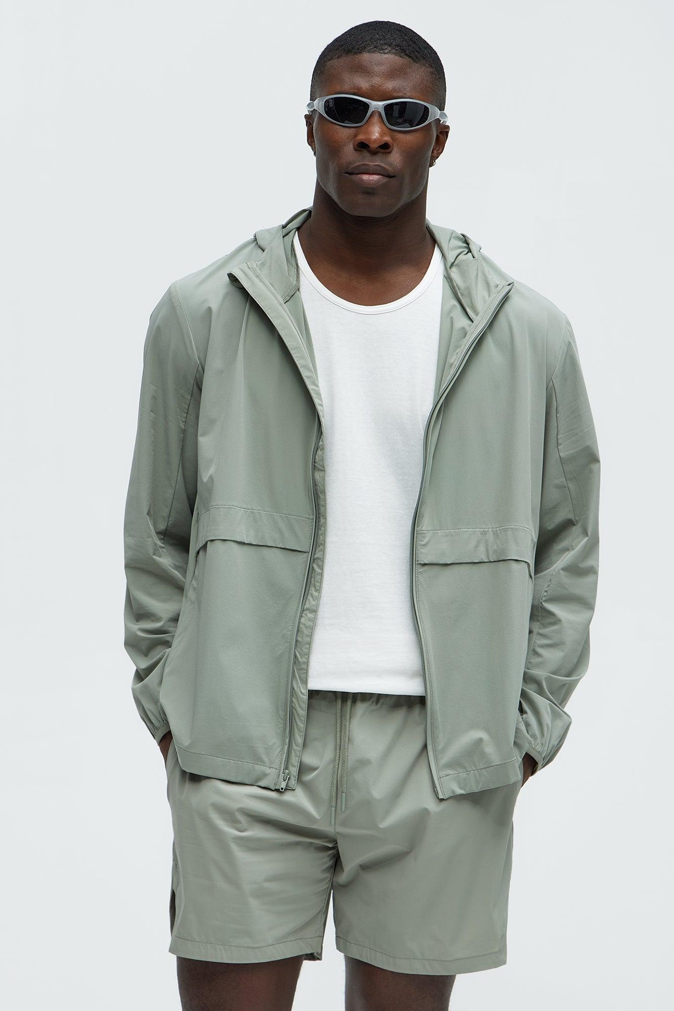 Lightweight Stretch Hooded Running Windbreaker Jacket - Sage Product Image