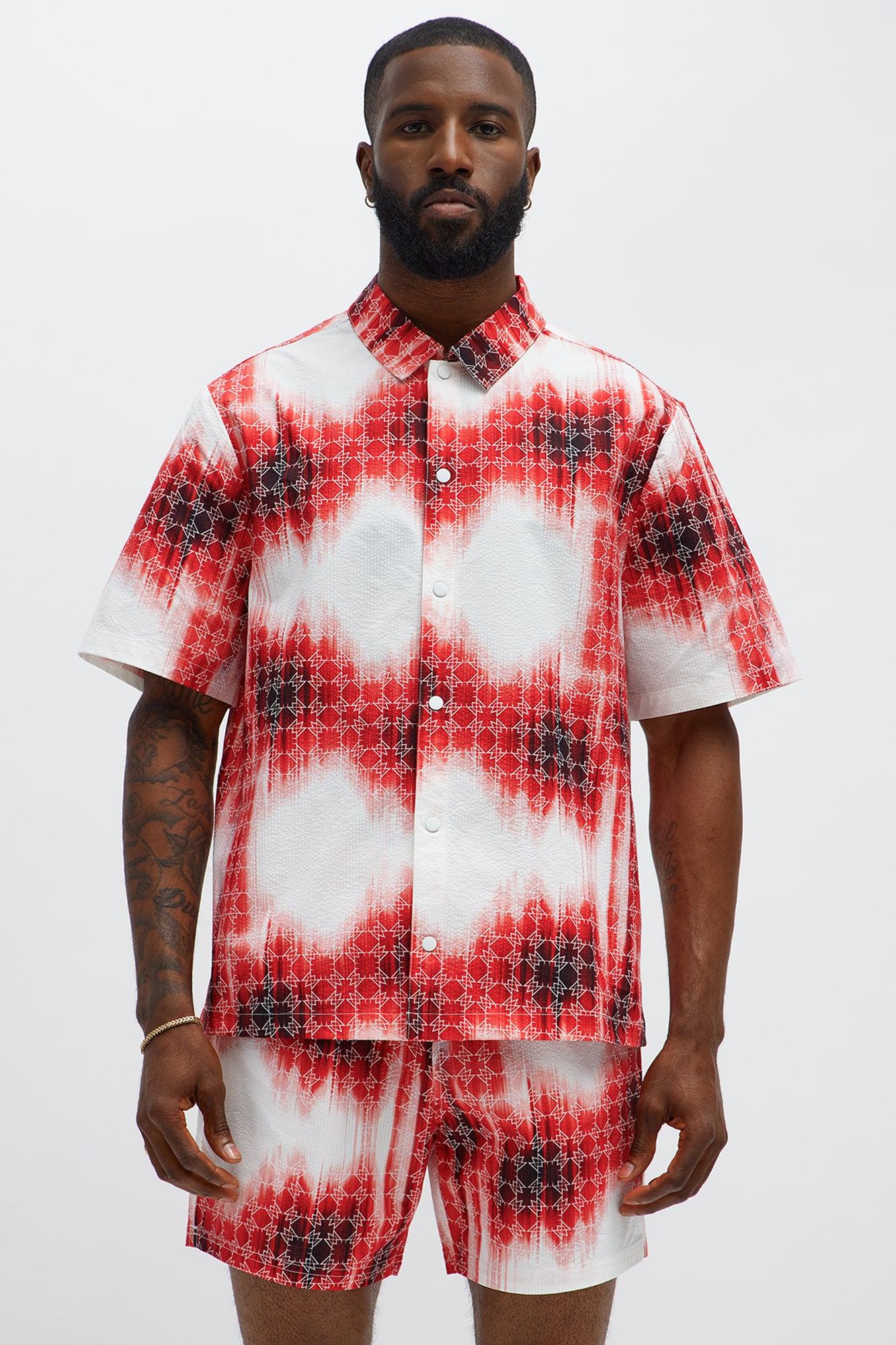 Seersucker Tie Dye Printed Closed Collar Shirt - Red/combo Male Product Image
