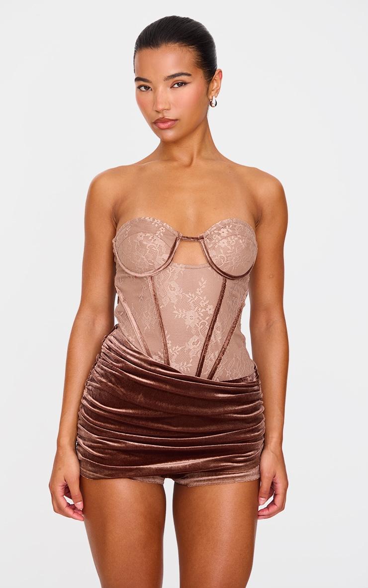 Chocolate Contrast Lace Velvet Wrap Detail Skort Romper Product Image