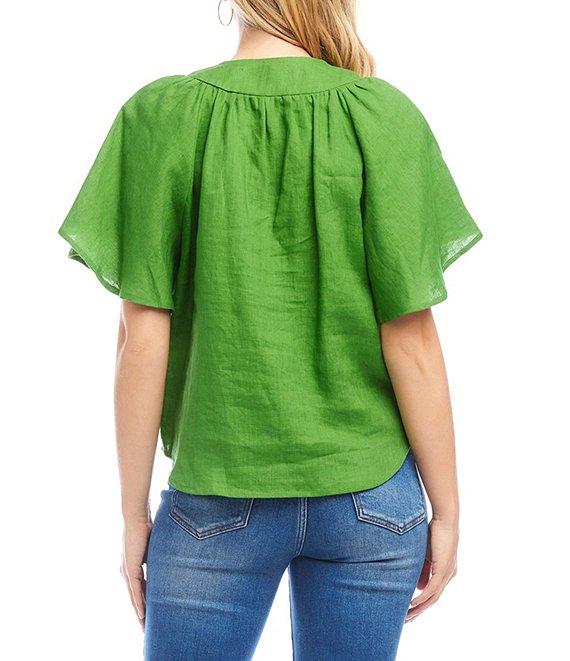 Karen Kane Linen Split V-Neck Short Flutter Sleeve Top Product Image