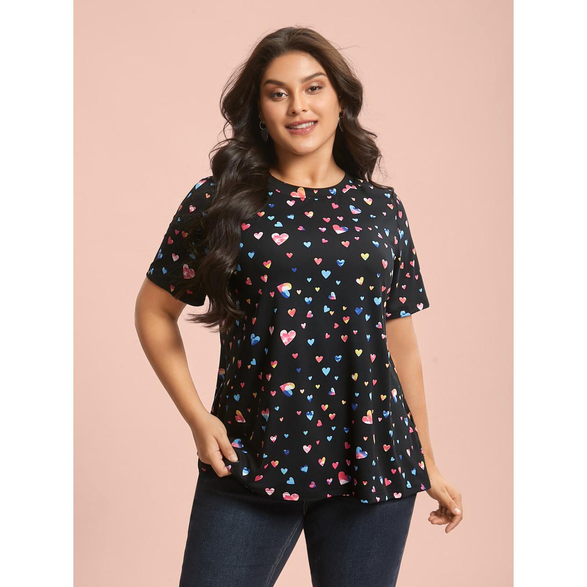 Plus Size Multi-Color Hearts Printed Stretchy T-Shirt Black Women Elegant Contrast Round Neck Everyday T-shirts BloomChic 18-20/2X Product Image