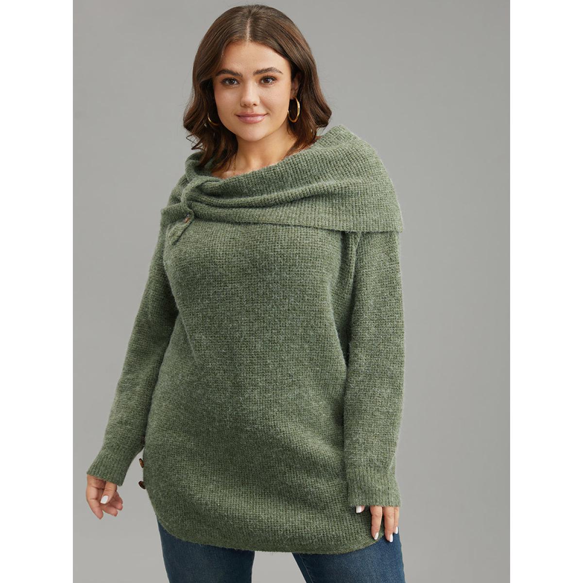 Plus Size Anti-Pilling Lapel Collar Adjustable Button Pullover Moss Women Casual Loose Long Sleeve Lapel Collar Dailywear Pullovers BloomChic 30/6X Product Image