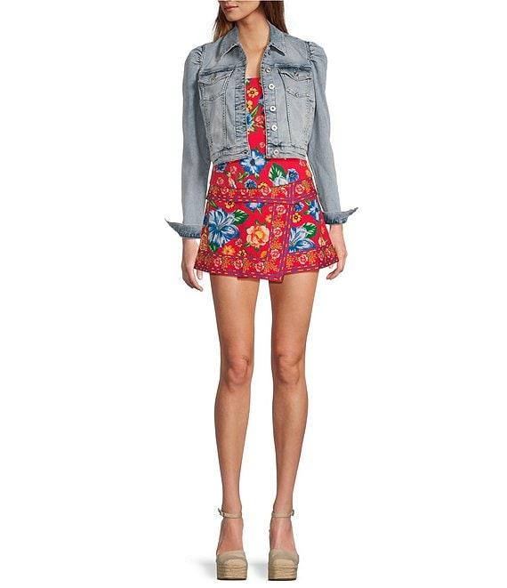 Chelsea & Violet Point Collar Long Puff Shoulder Sleeve Denim Short Statement Jacket Product Image