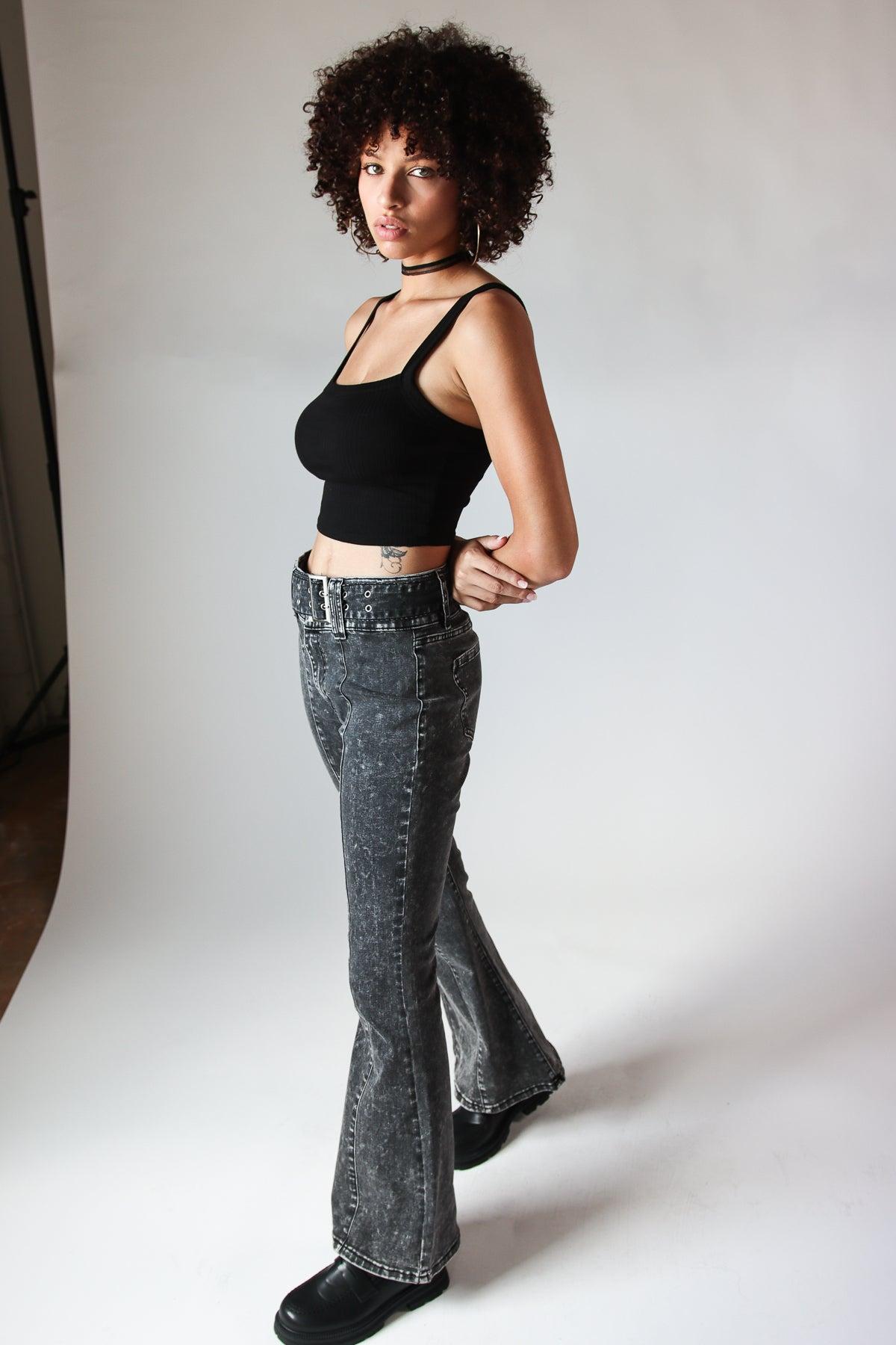 Belted Flare Grunge Wash Jeans Product Image