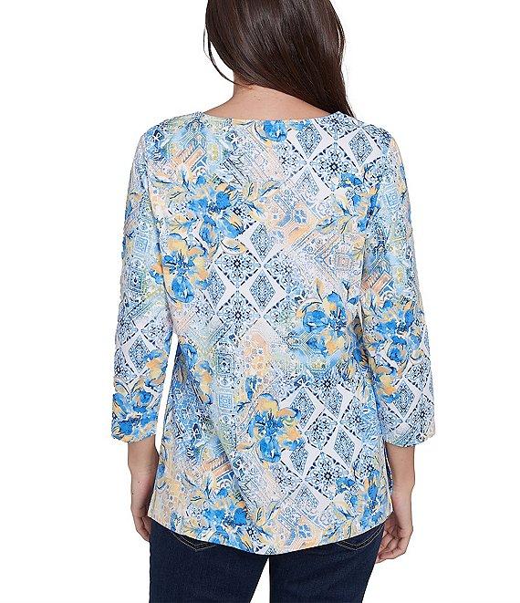 Ruby Rd. Stretch Knit Watercolor Mixed Print Square Neck 3/4 Sleeve Top Product Image