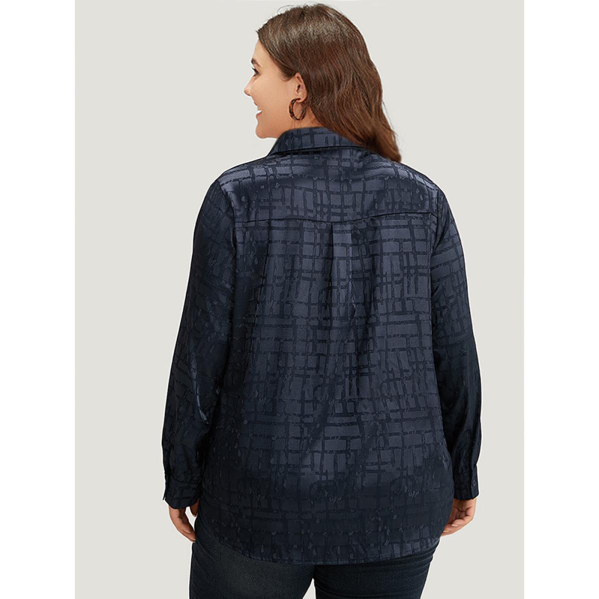 Plus Size Indigo Plisse Satin Button Up Curved Hem Blouse Women Office Long Sleeve Shirt collar Office Blouses BloomChic 30/6X Product Image