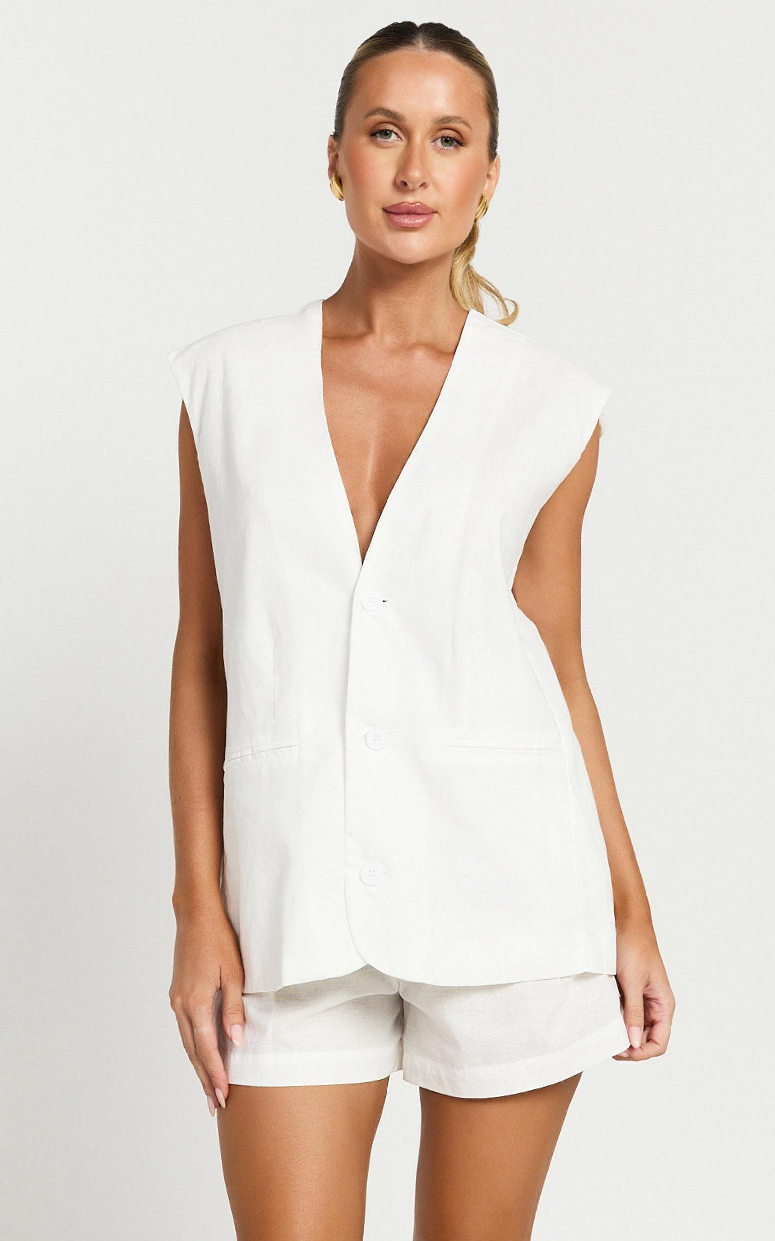 Marlee Two Piece Set - Linen Button Through Vest and Shorts Set in White Product Image