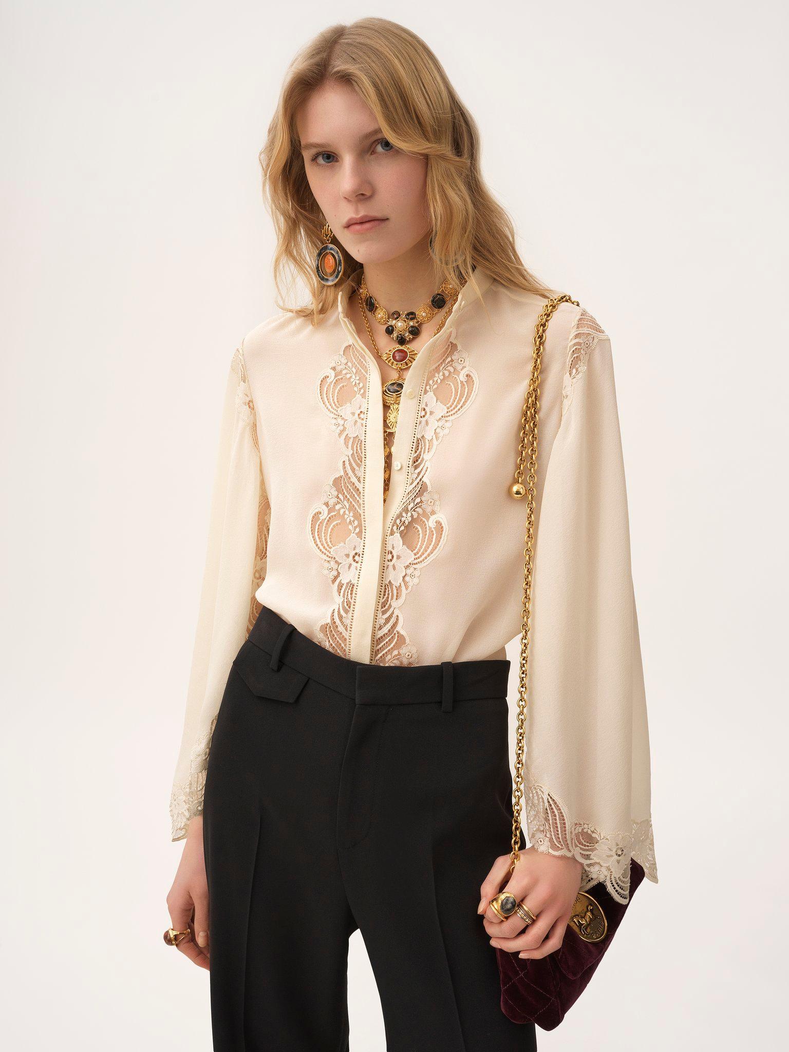 Fluid blouse in silk georgette & lace Product Image