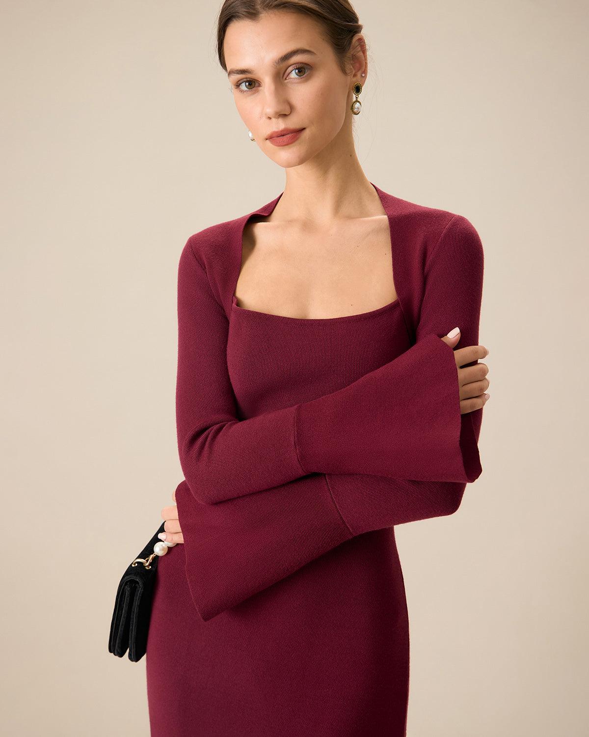 The Red Square Neck Flare Sleeve Midi Dress Product Image