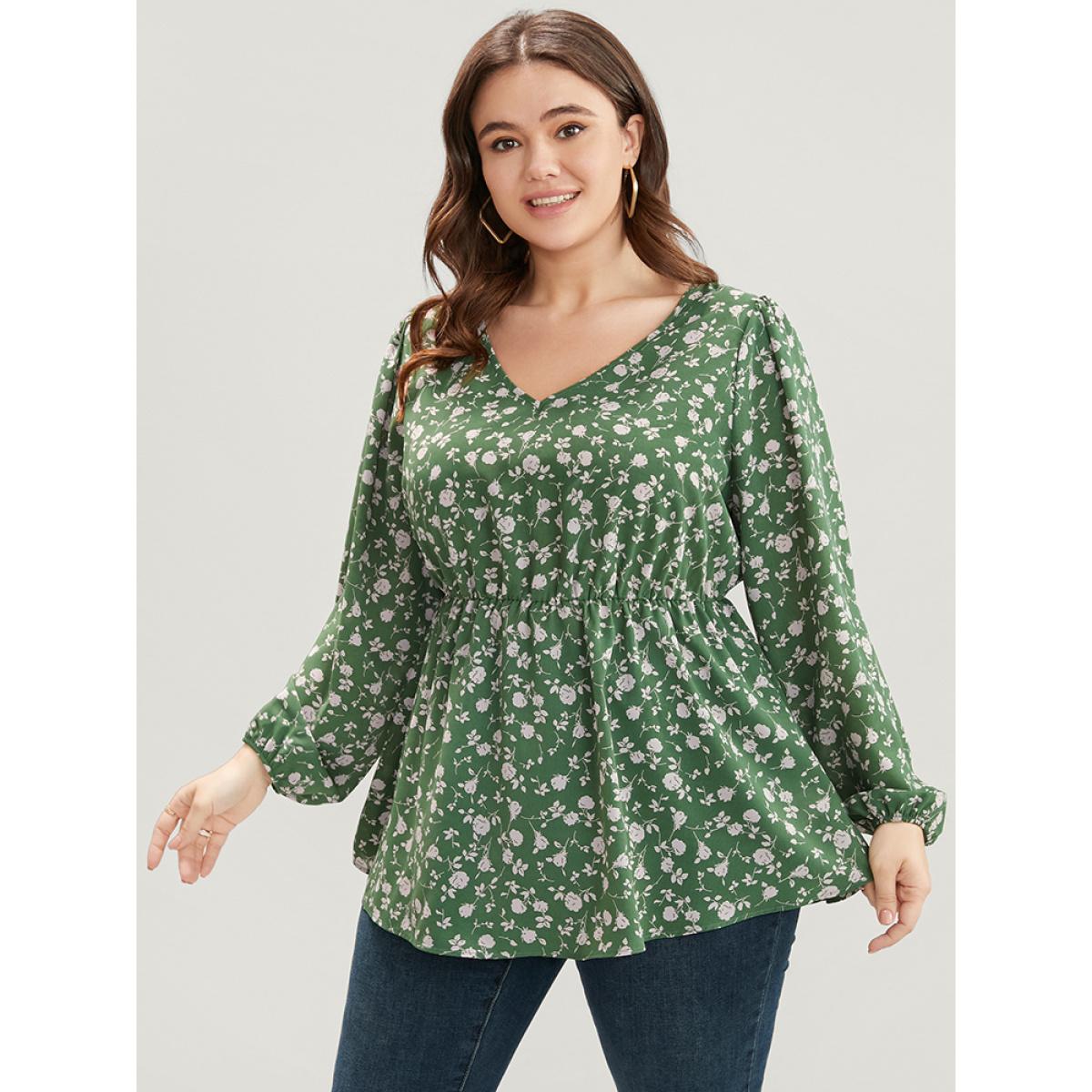 Plus Size Green Ditsy Floral V Neck Lantern Sleeve Blouse Women Elegant Long Sleeve V-neck Dailywear Blouses BloomChic 10/M Product Image