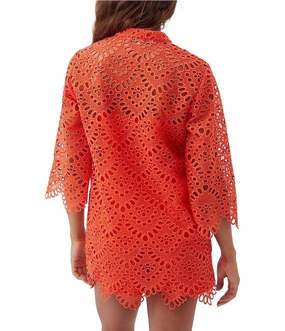 Trina Turk Martigues Lernis Lace Button Mandarin Collar 3/4 Bell Sleeve Top Product Image
